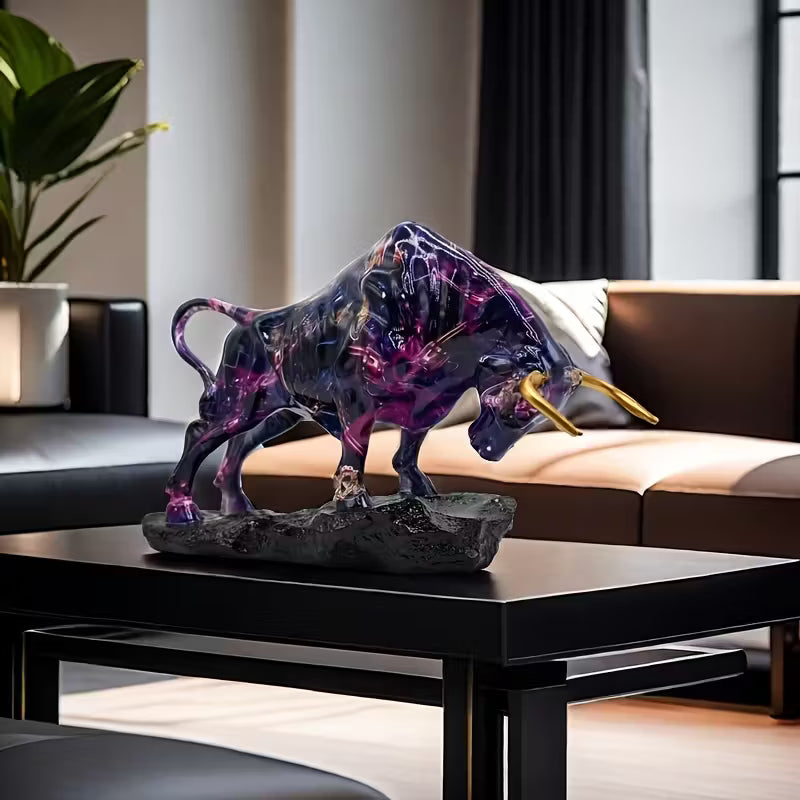 resin bull statue, purple bull figurine, Wall Street bull decor, wealth symbol statue, office desk sculpture, modern home decor bull, golden horns bull statue, motivational finance décor