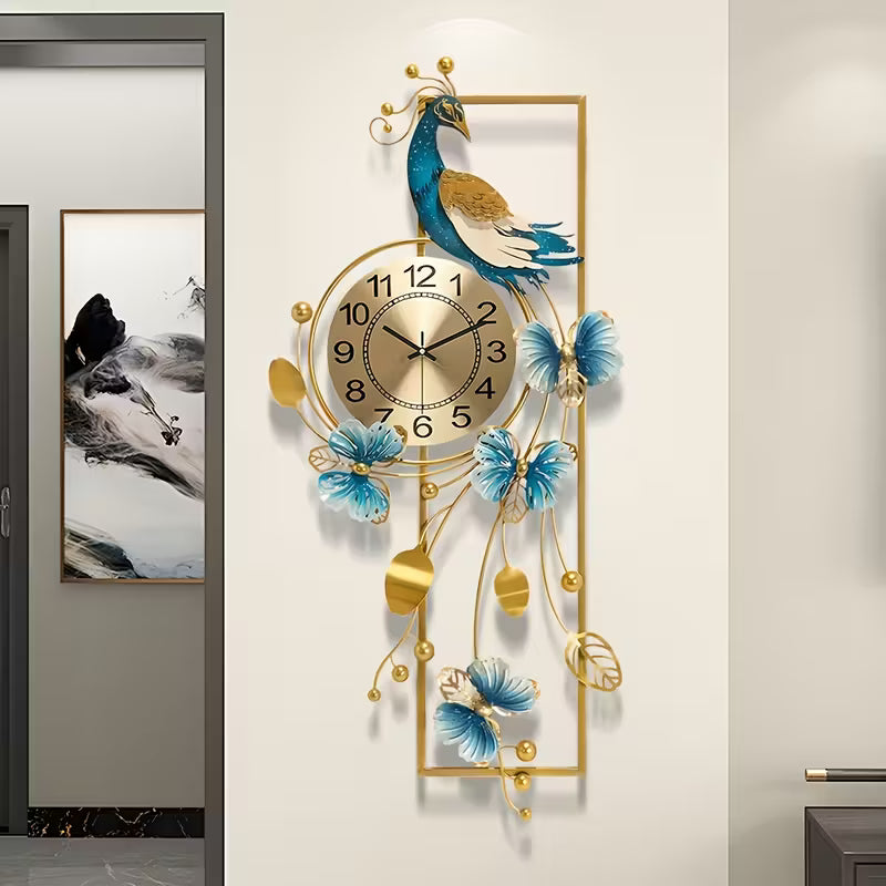 Elegant Peacock & Butterfly Metal Wall Clock – Silent Non-Ticking Luxury Wall Decor with Golden Accents 34.6"
