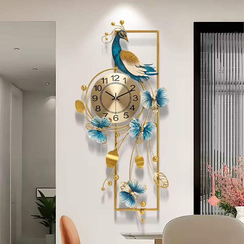 Elegant Peacock & Butterfly Metal Wall Clock – Silent Non-Ticking Luxury Wall Decor with Golden Accents 34.6"