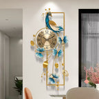 Elegant Peacock & Butterfly Metal Wall Clock – Silent Non-Ticking Luxury Wall Decor with Golden Accents 34.6"