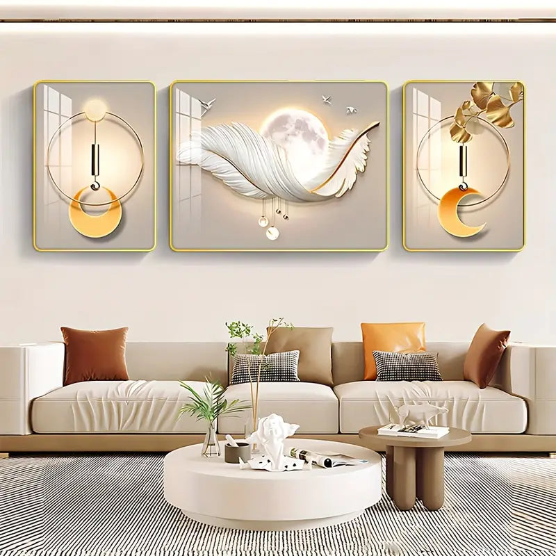 Decorative wall art pieces above a sofa in a living room setting.