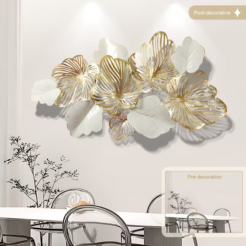 Decorative wall art with gold and white floral designs in a room setting.