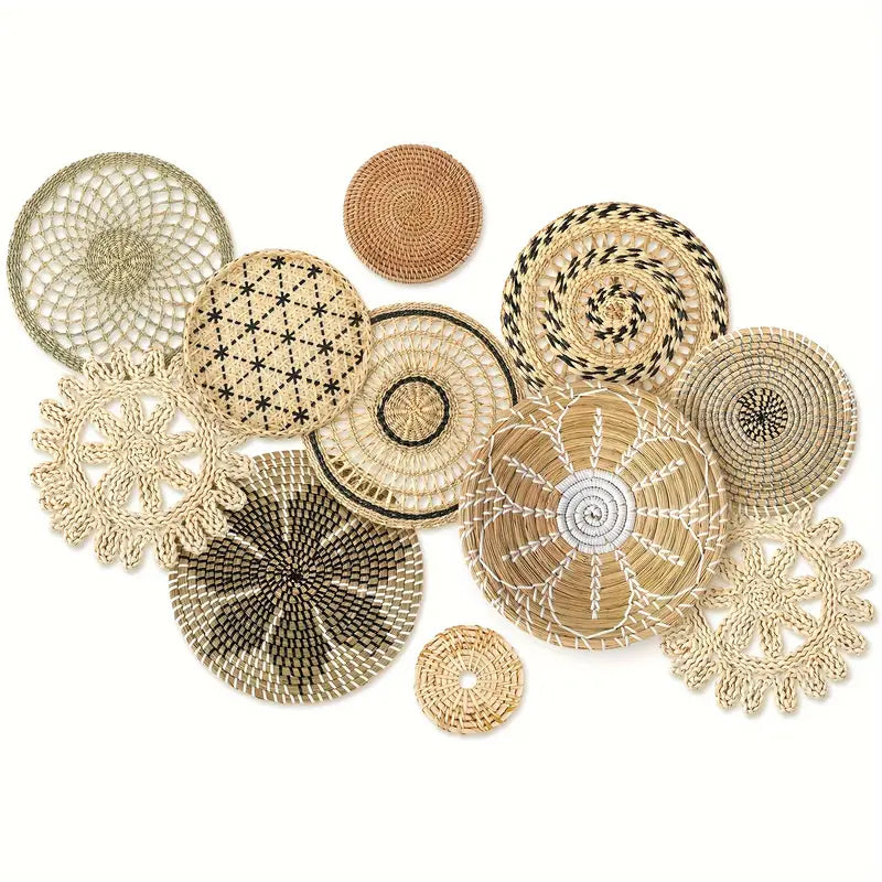 Collection of various woven coasters on a white background