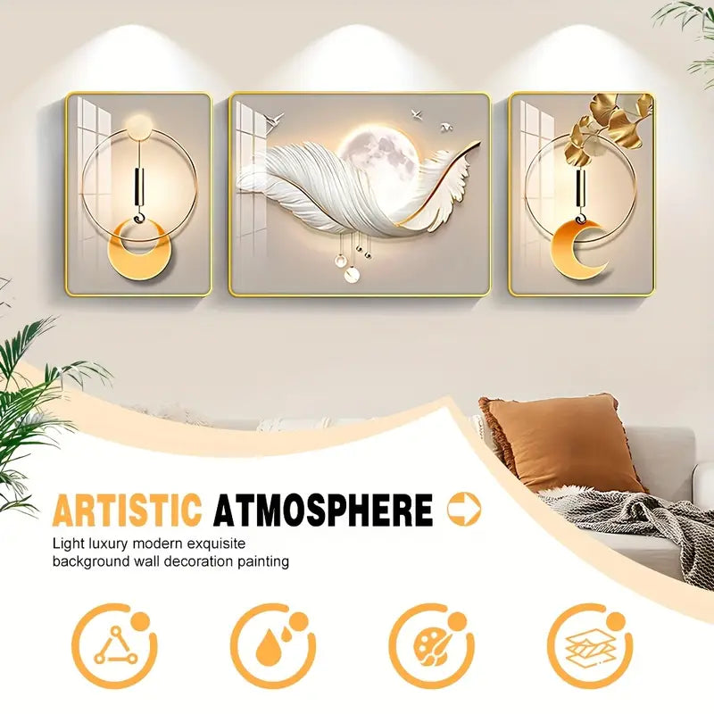 Three wall art pieces with decorative elements on a wall, featuring the brand 'Artistic Atmosphere'.