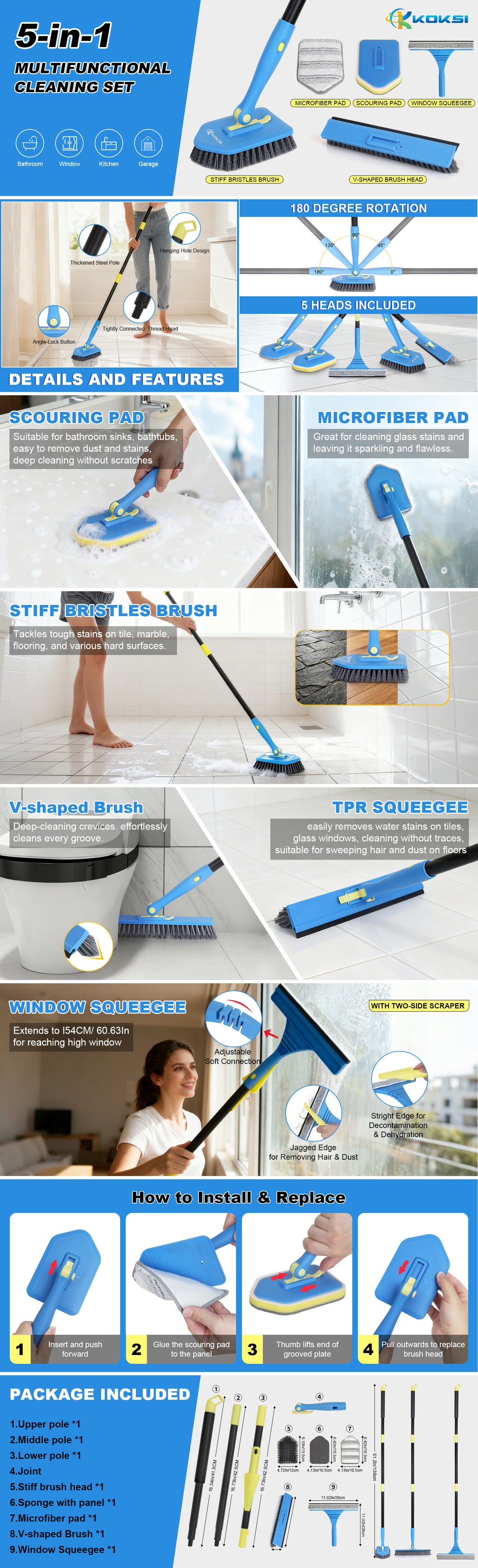 KOKSI Extendable Cleaning Brush Set – 51" (9-Piece)