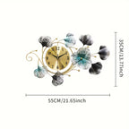 Decorative wall clock with floral designs and measurements on a white background