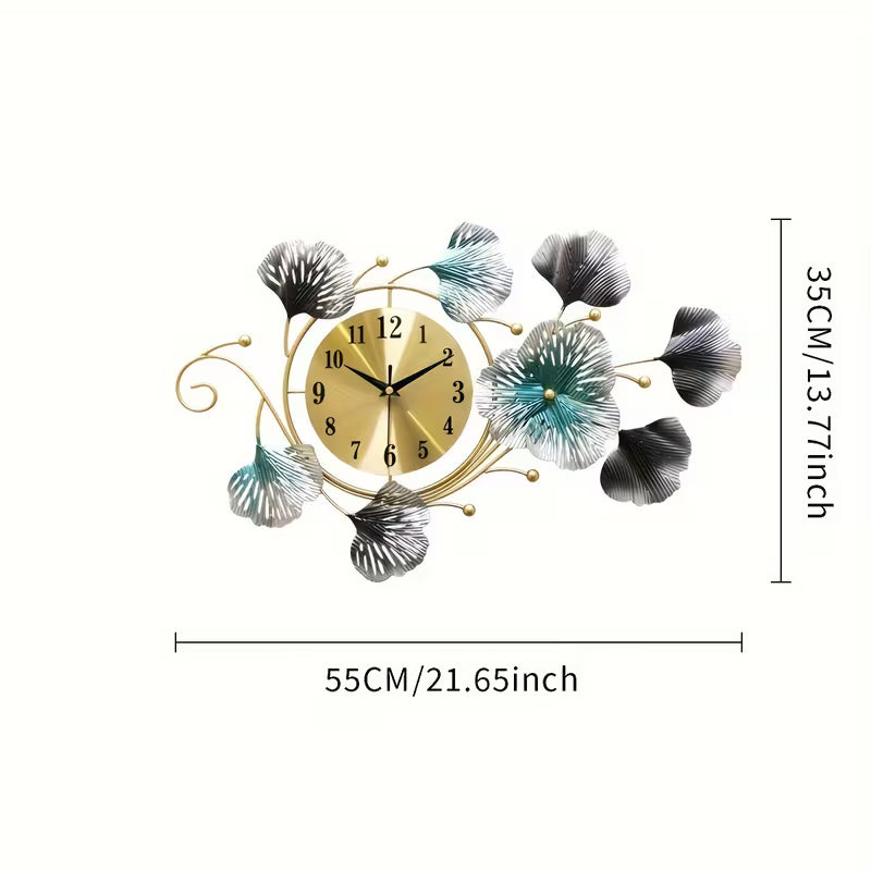 Decorative wall clock with floral designs and measurements on a white background