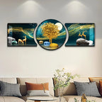 Elk Fortune Tree Triptych Wall Art – 3-Piece HD 3D Prints with Resin Black Frame, Waterproof Decor for Living Room & Bedroom