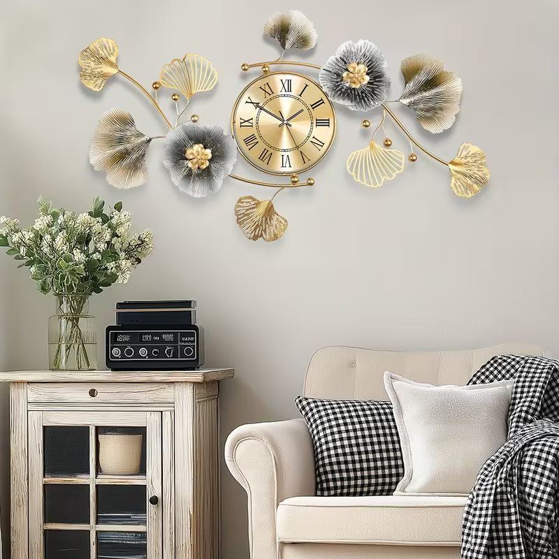 Decorative wall clock with floral designs above a sofa with patterned cushions.