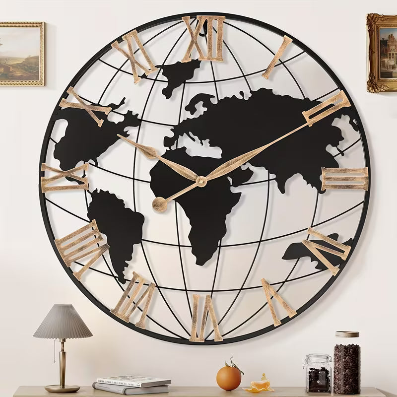 World map wall clock with Roman numerals on a white wall.