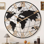 World map wall clock with Roman numerals on a white wall.