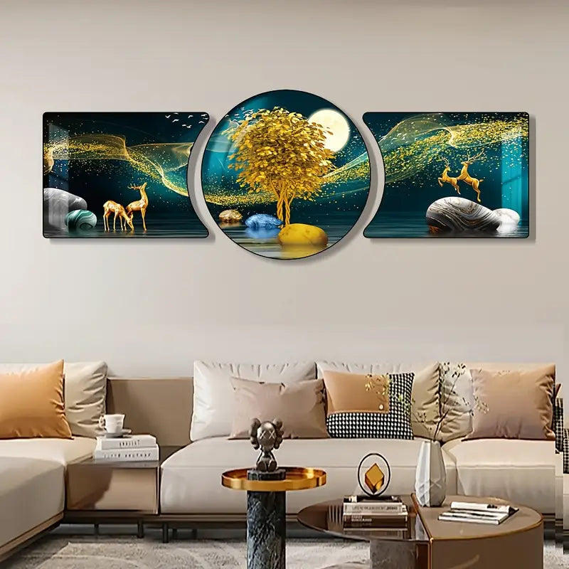Elk Fortune Tree Triptych Wall Art – 3-Piece HD 3D Prints with Resin Black Frame, Waterproof Decor for Living Room & Bedroom