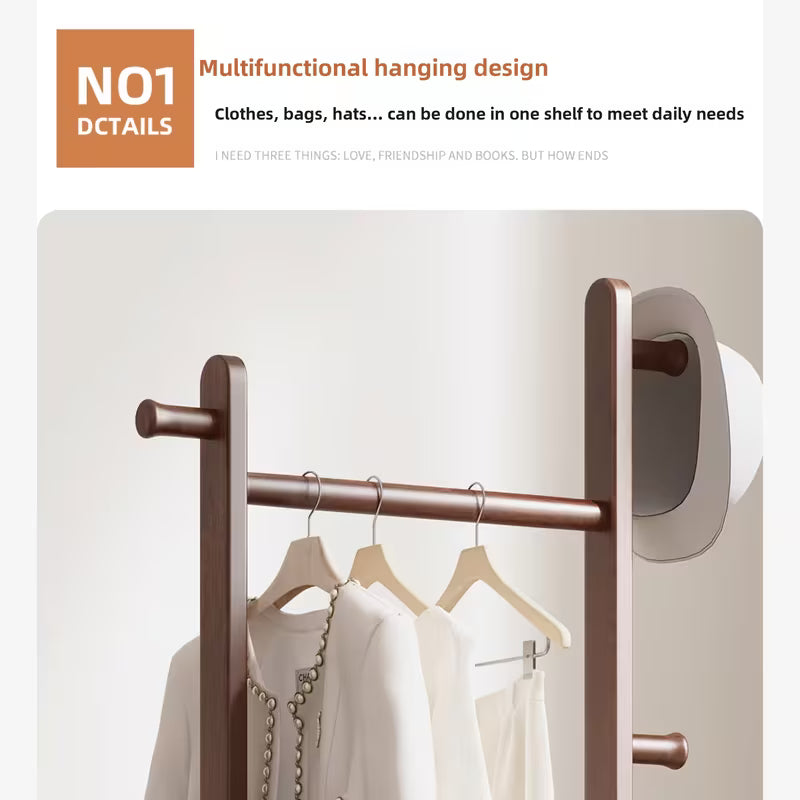 Multifunctional hanging design with clothes on a rack against a white background