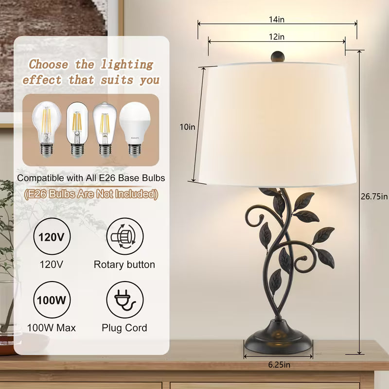 Table lamp with decorative base and dimensions displayed on a wooden surface.