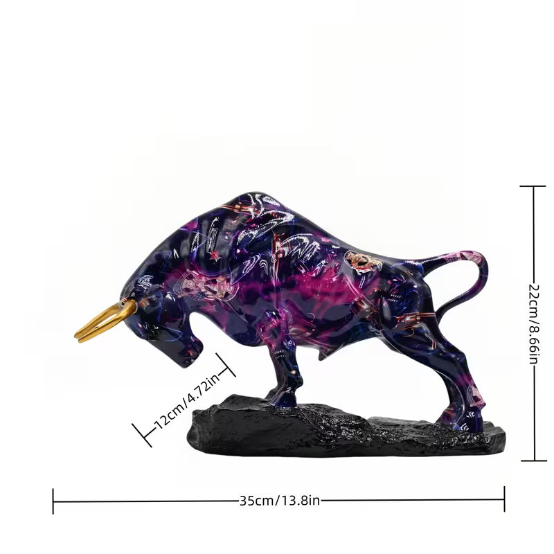 resin bull statue, purple bull figurine, Wall Street bull decor, wealth symbol statue, office desk sculpture, modern home decor bull, golden horns bull statue, motivational finance décor