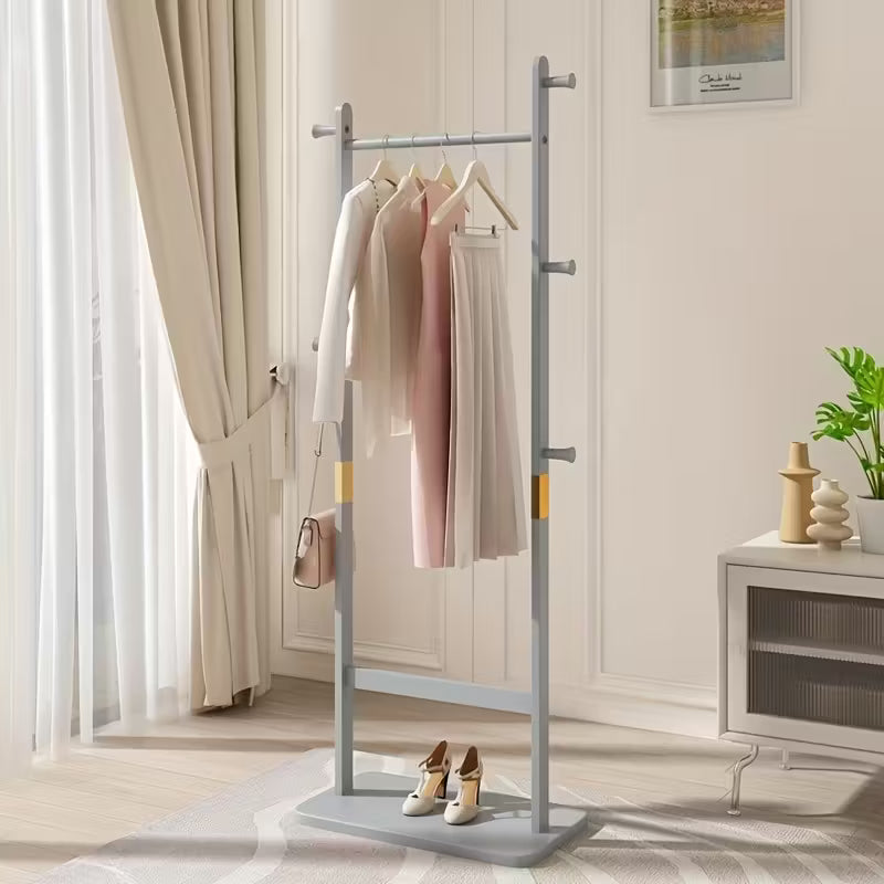 Modern Wooden Coat Rack – Freestanding Entryway Organizer with 5 Hooks, Umbrella Holder & Shoe Shelf, Minimalist Natural Wood