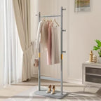 Modern Wooden Coat Rack – Freestanding Entryway Organizer with 5 Hooks, Umbrella Holder & Shoe Shelf, Minimalist Natural Wood