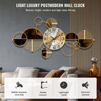 Light luxury postmodern wall clock with decorative elements in a living room setting.