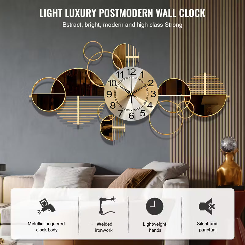 Light luxury postmodern wall clock with decorative elements in a living room setting.