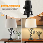 Table lamp with rotary switch showing 'OFF' and 'ON' positions, and a decorative setting.