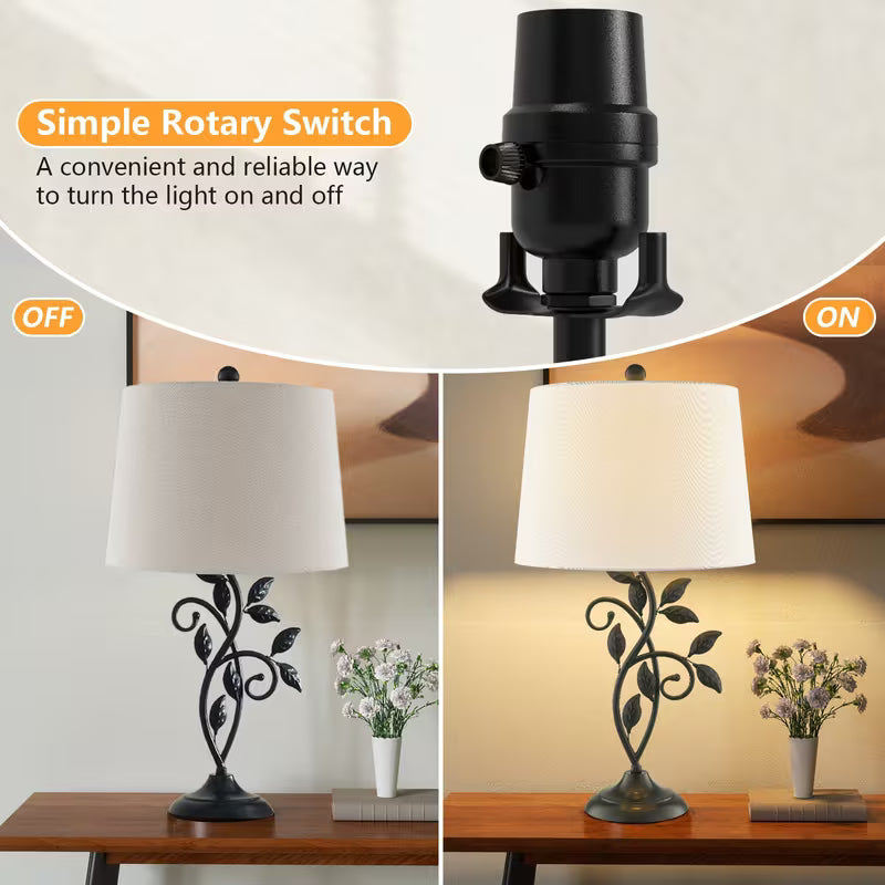Table lamp with rotary switch showing 'OFF' and 'ON' positions, and a decorative setting.