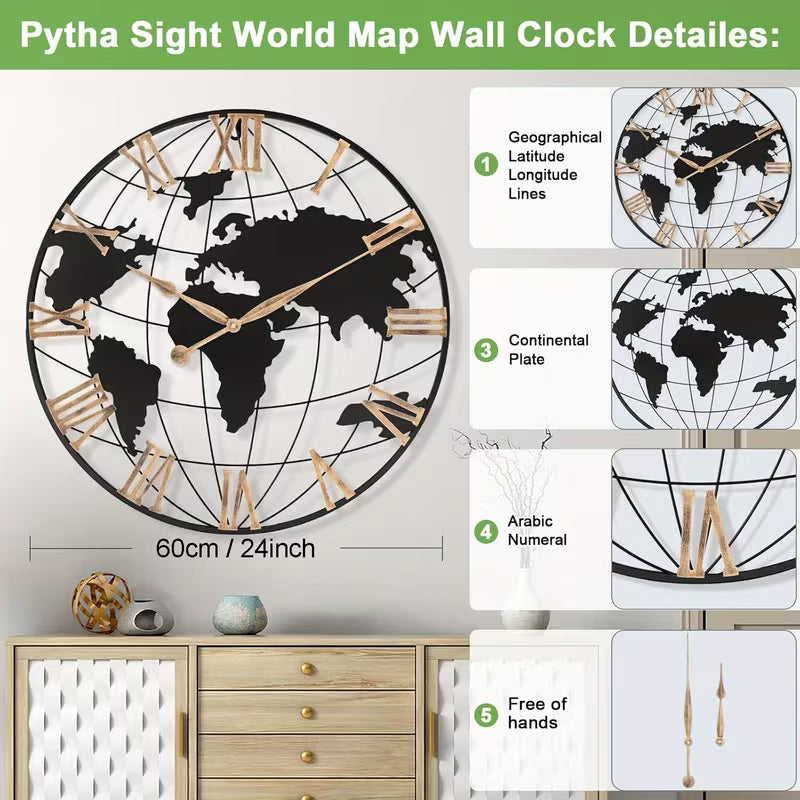 World map wall clock with detailed features on a white background