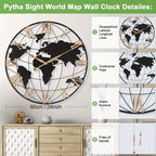 World map wall clock with detailed features on a white background