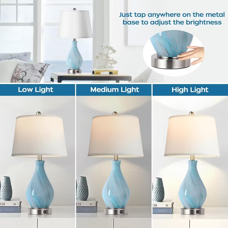 Blue table lamp with adjustable brightness feature shown in different light conditions.