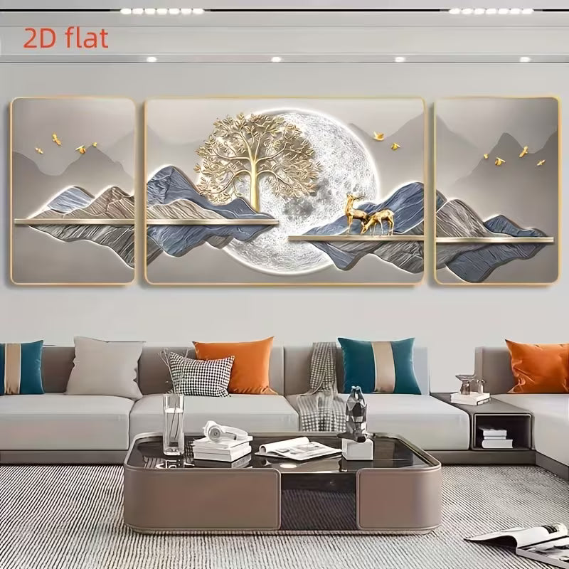 Decorative wall art with mountain and tree design in a living room setting.