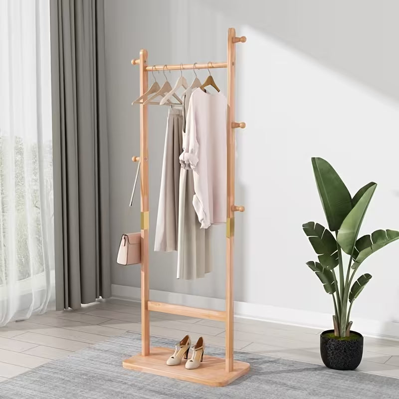 Modern Wooden Coat Rack – Freestanding Entryway Organizer with 5 Hooks, Umbrella Holder & Shoe Shelf, Minimalist Natural Wood