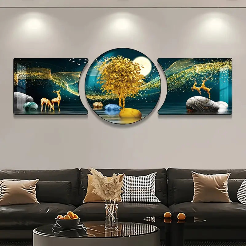 Elk Fortune Tree Triptych Wall Art – 3-Piece HD 3D Prints with Resin Black Frame, Waterproof Decor for Living Room & Bedroom
