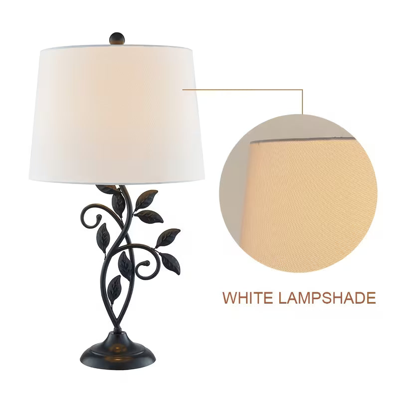 Decorative table lamp with white lampshade and close-up of shade on a white background