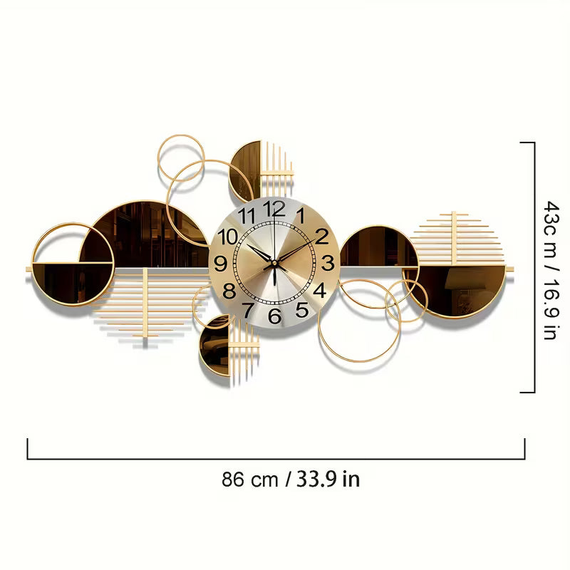 Decorative wall clock with geometric design and measurements on a white background