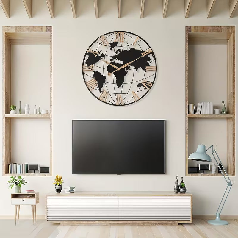 Modern living room with a world map clock above a television