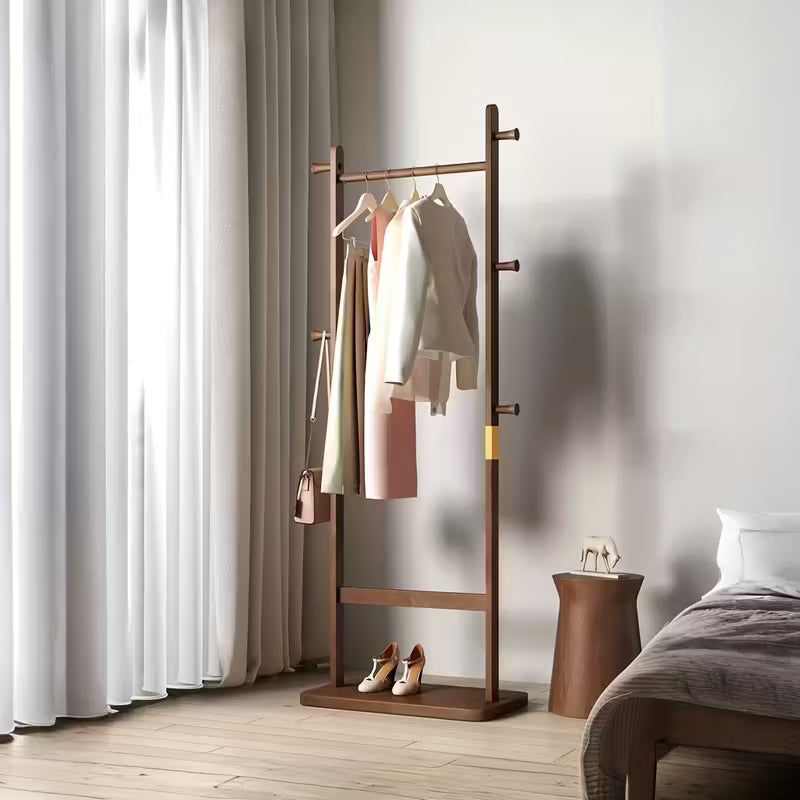 Modern Wooden Coat Rack – Freestanding Entryway Organizer with 5 Hooks, Umbrella Holder & Shoe Shelf, Minimalist Natural Wood