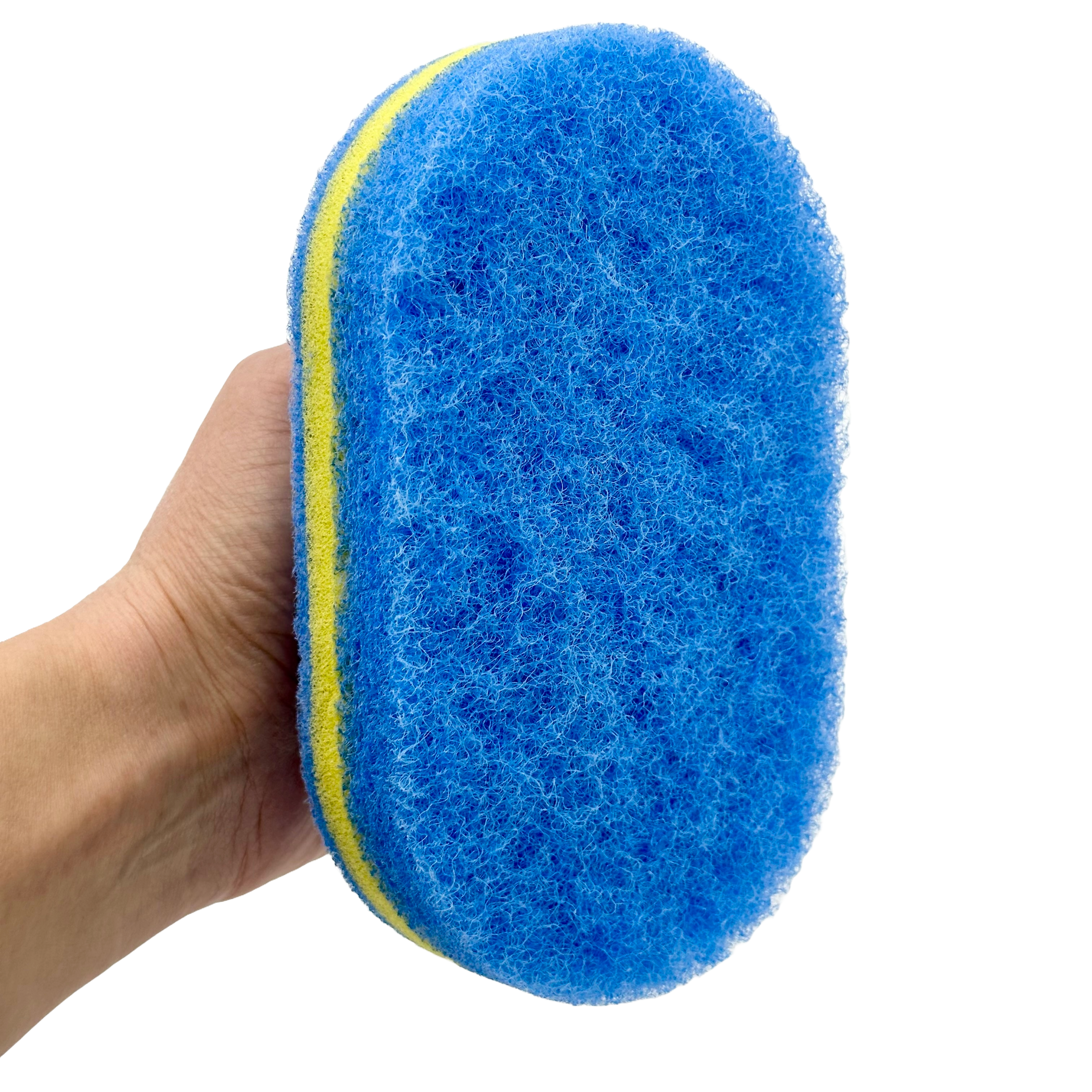 Blue scrubber with yellow edge held by a hand on a white background