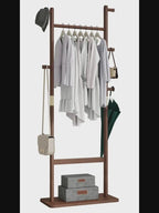 Minimalist wooden coat rack with 5 hangers, umbrella holder, and shoe shelf. Freestanding modern entryway organizer for clothes, bags, and home accessories.