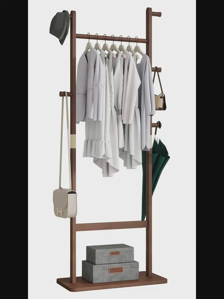 Minimalist wooden coat rack with 5 hangers, umbrella holder, and shoe shelf. Freestanding modern entryway organizer for clothes, bags, and home accessories.