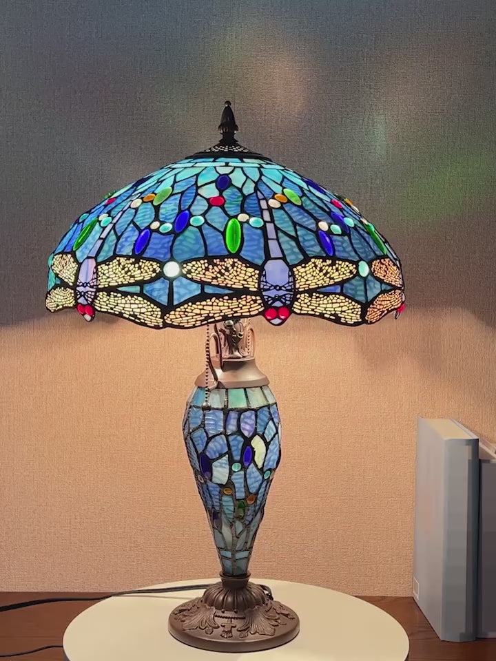 stained glass table lamp, mission style lamp, vintage desk lamp, pull chain reading lamp, antique American decor, country style table lamp, traditional living room lamp, 3-light stained glass lamp