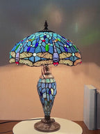 stained glass table lamp, mission style lamp, vintage desk lamp, pull chain reading lamp, antique American decor, country style table lamp, traditional living room lamp, 3-light stained glass lamp